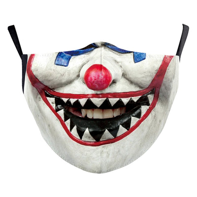 Green and yellow digital print Halloween dust mask with a grotesque, tree-like face design and black ear loops. - Image 25