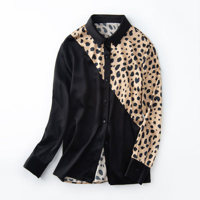Blusa de Seda Estampado Leopardo Manga Larga para Mujer