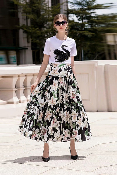 Conjunto Elegante: Blusa Blanca con Falda Midi Negra y Blanca - Image 21