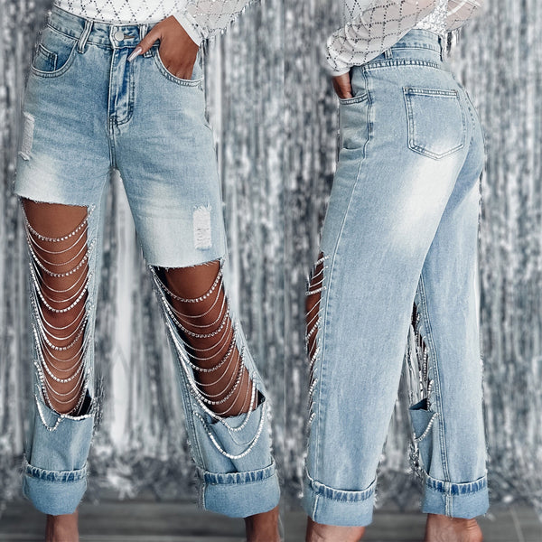Pantalones Rectos para Mujer con Roturas y Cadenas Decorativas