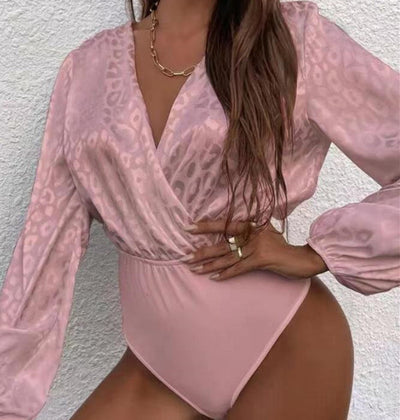 Bodysuit Manga Larga Jacquard sin Cuello Ajustado para Mujer