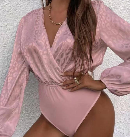 Bodysuit Manga Larga Jacquard sin Cuello Ajustado para Mujer