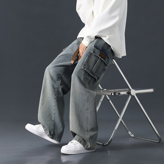 Pantalones Jeans Rectos Anchos con Degradado y Lavado Artesanal para Hombre