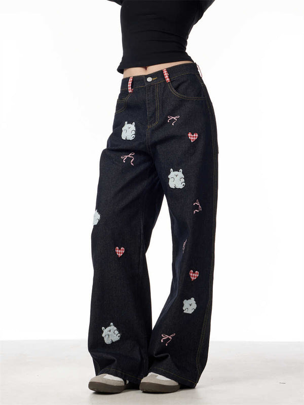 Pantalones Rectos Vintage con Bordado de Cordero para Mujer