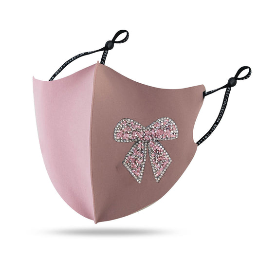 Black cloth face mask with a sparkling red and silver rhinestone bow design and adjustable ear loops. - Image 10