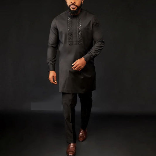 Traje Étnico Africano para Hombre con Camisa de Strass y Pantalón Liso