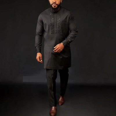 Traje Étnico Africano para Hombre con Camisa de Strass y Pantalón Liso