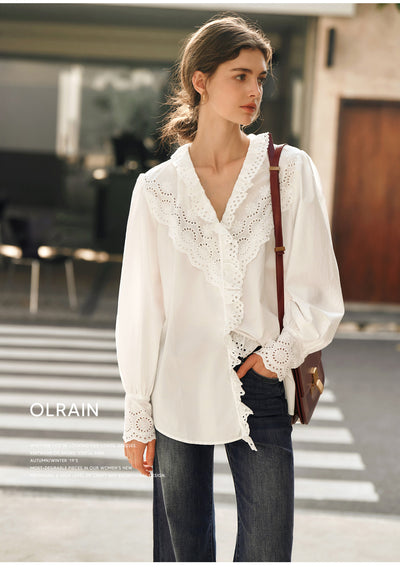 Blusa Blanca de Encaje Estilo Francés con Manga Larga para Mujer - Image 11