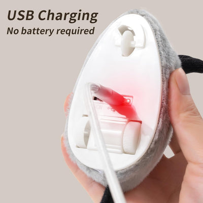 Interactive grey plush mouse cat toy with black ears and nose, feather and bell tail, and a USB charging cable. A kitten plays with a feather toy. - Image 8