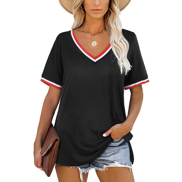 Camiseta Rayas V Cuello Corte Europeo Americano