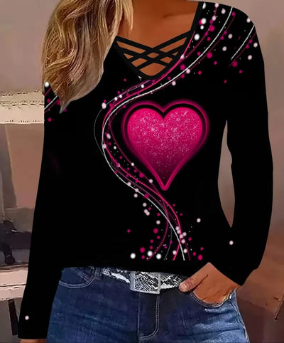 Blusa Casual de Manga Larga con Escote en V y Patrón de Corazones - Image 7