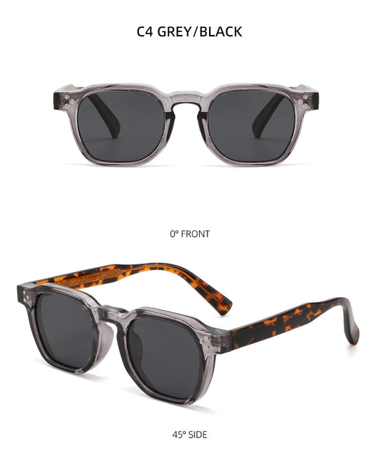 Black square frame sunglasses with dark lenses and small silver accents on the front, shown at an angle. - Image 21