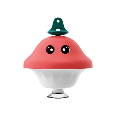 Red and white mushroom-shaped cat toy with cartoon eyes, a green loop, and a suction cup base, showing dimensions. - Image 6
