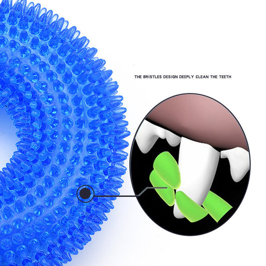 Translucent blue spiky donut-shaped pet toy made of TPR, designed to be bite-resistant and produce sound. - Image 5