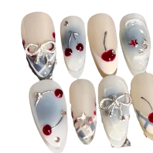 Uñas Postizas Degradado Azul Francés con Moño de Cereza - Image 4