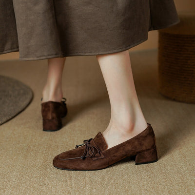 Zapatos de Tacón Grueso con Punta Cuadrada y Moño - Comodidad Premium en Cuero Dividido - Image 11