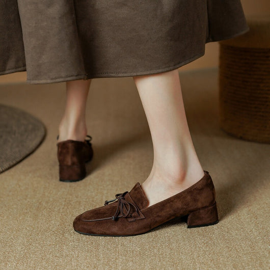 Zapatos de Tacón Grueso con Punta Cuadrada y Moño - Comodidad Premium en Cuero Dividido - Image 11