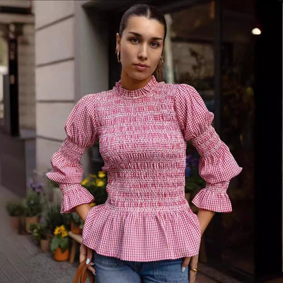 Blusa Ajustada con Pliegues y Estampado Cuadros para Mujer