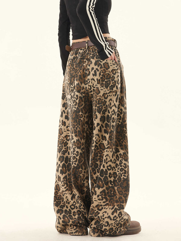 Pantalones Sueltos Talla Grande Estampado Leopardo Pierna Ancha Estilo Retro