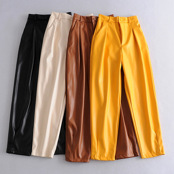 Pantalones PU con Cintura Elástica - Estilo Cuero Sintético Primavera