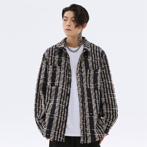 Camisa de Manga Larga Cuadros con Hilo Plateado Trenzado para Hombre