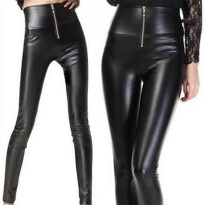 Leggings de Cuero PU Negro Ajustados con Cierre para Mujer