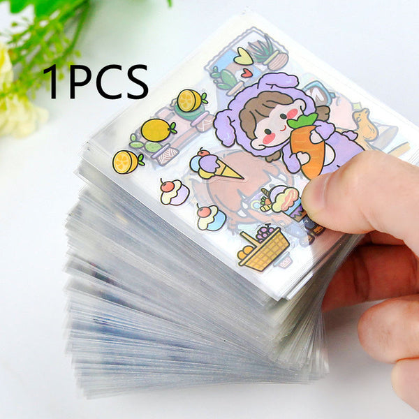 Stack of clear PET journal stickers with cartoon designs, including a character in a purple bunny suit, lemons, and desserts. - Image 13