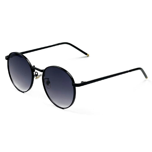 Round red lens sunglasses with a gold metal frame and black temple tips on a white background. - Image 17