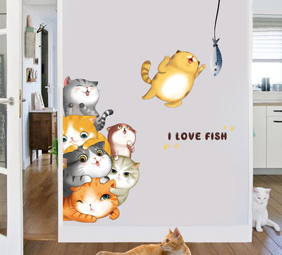 Cartoon cat wall sticker featuring multiple playful cats, one reaching for a fish, with "I LOVE FISH" text. - Image 6