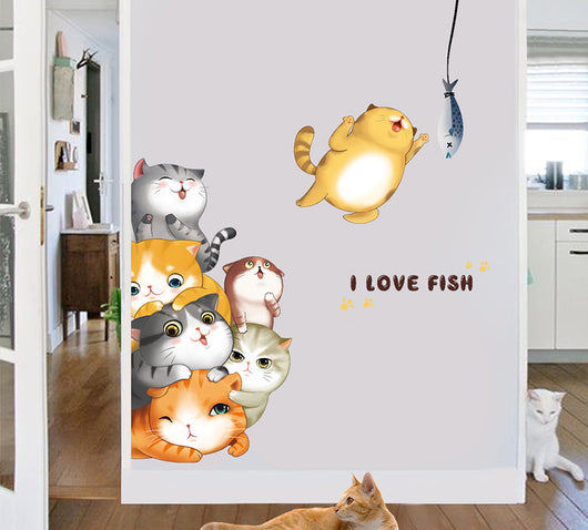 Cartoon cat wall sticker featuring multiple playful cats, one reaching for a fish, with "I LOVE FISH" text. - Image 6