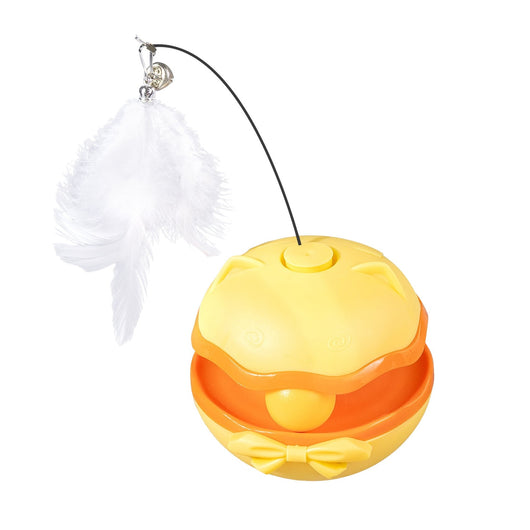 Lemon yellow electric cat toy tumbler with a white feather teaser and two teal worm-like replacement heads. - Image 4