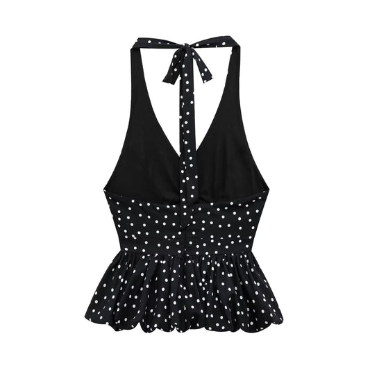 Top Halter Escotado con Lunares y Amarre Trasero para Mujer