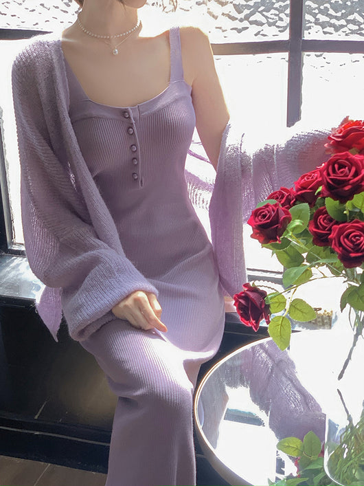 Conjunto de Dos Piezas: Cardigan Tejido Morado con Falda Envuelta - Image 11