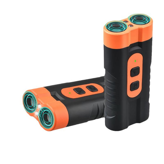 Black and orange handheld ultrasonic dog repellent with two sound emitters and two control buttons. - Image 5