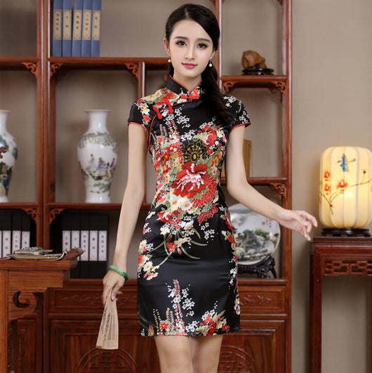 Vestido Cheongsam Estampado Manga Corta Ajustado para Escenario - Image 11