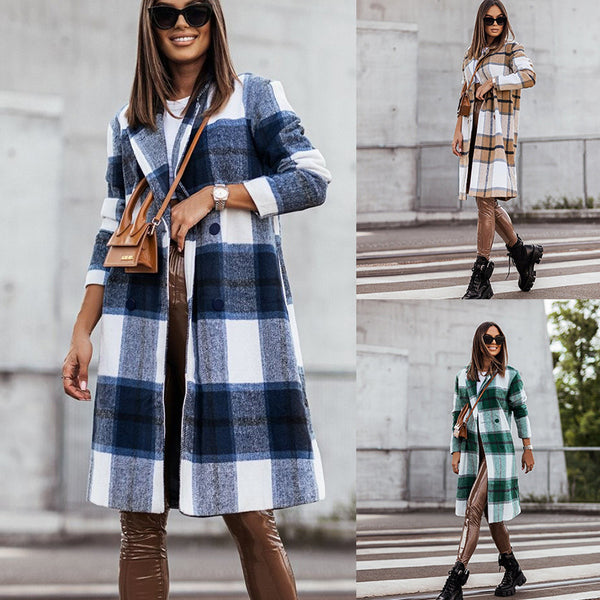 Abrigo de Lana Cuadrille Largo Cepillado Estilo Europeo y Americano para Otoño e Invierno