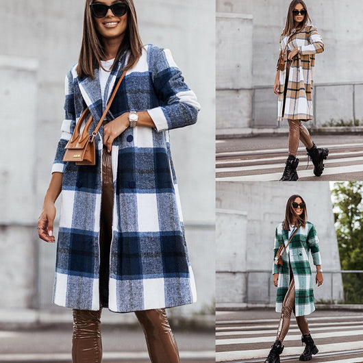 Abrigo de Lana Cuadrille Largo Cepillado Estilo Europeo y Americano para Otoño e Invierno