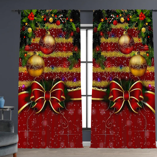 Pair of Christmas curtains with a 3D digital print of a snowy winter window scene, frosted trees, and snowflakes. - Image 9