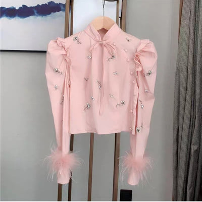 Camisa Monócromo Diamante Manga Larga Cuello Mao - Image 13
