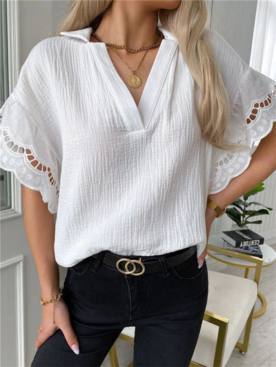 Blusa Casual de Cuello en V con Ribete de Encaje - Image 7