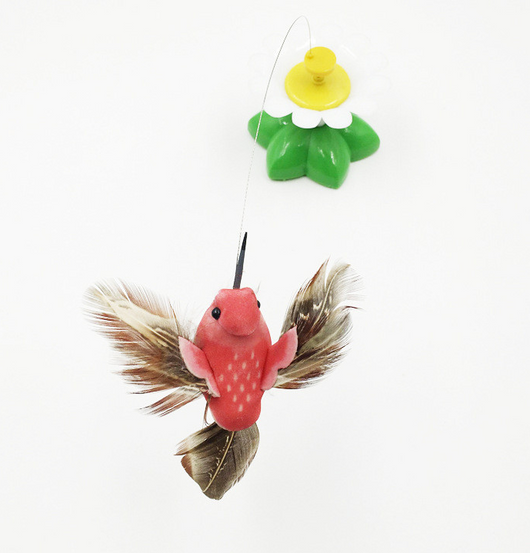 Electric pet toy with a row of white and yellow daisy flowers, green leaves, and five colorful feather birds on wires. - Image 23
