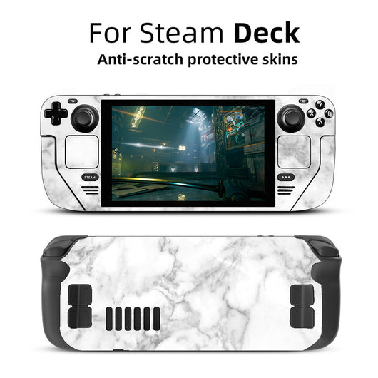 White marble pattern anti-scratch protective skin applied to the front and back of a Steam Deck gaming console. - Image 8