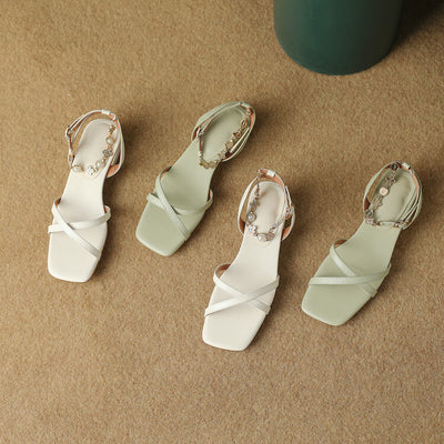 Sandalias de Cuero con Punta Cuadrada y Tira Ajustable - Talón Bajo Talla Grande y Pequeña - Image 4