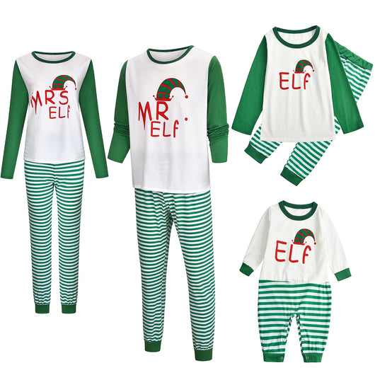 Green and white Christmas elf pajama set with a long-sleeve top and striped pants for parent-child matching. - Image 9