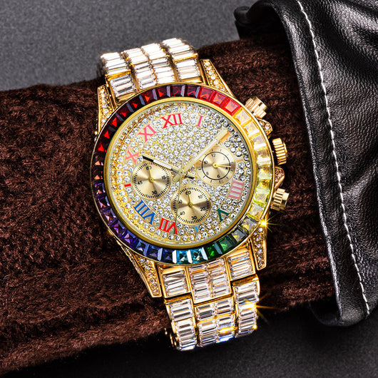 Reloj de Hombre Cuadrado de Diamantes Arcoíris Británico Lujo Premium