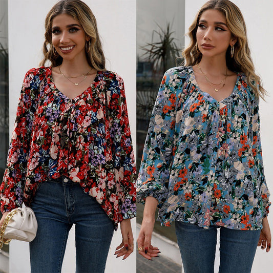 Blusa Floral Suelta Manga Larga Escote en V