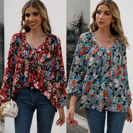 Blusa Floral Suelta Manga Larga Escote en V