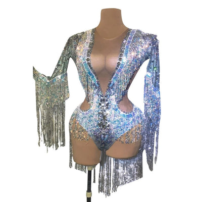 Traje de Presentación con Lentejuelas y Flecos Elástico para Cantantes