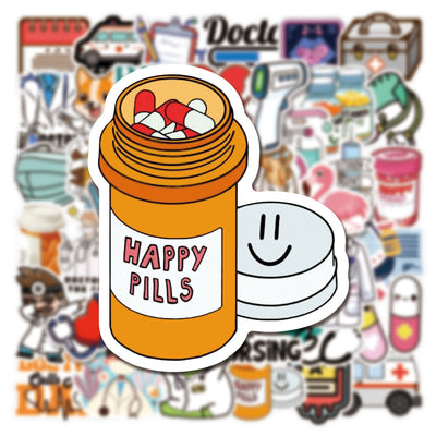 50 waterproof PVC stickers with a medical theme, featuring doctors, nurses, ambulances, and medical equipment. - Image 7