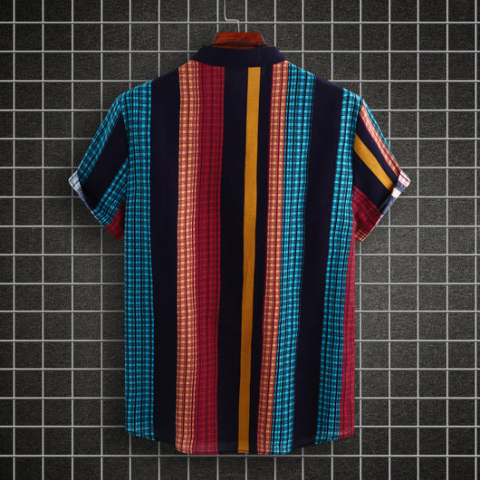 Camisa Étnica de Cuello Mao Rayas Algodón-Lino Manga Corta - Image 13